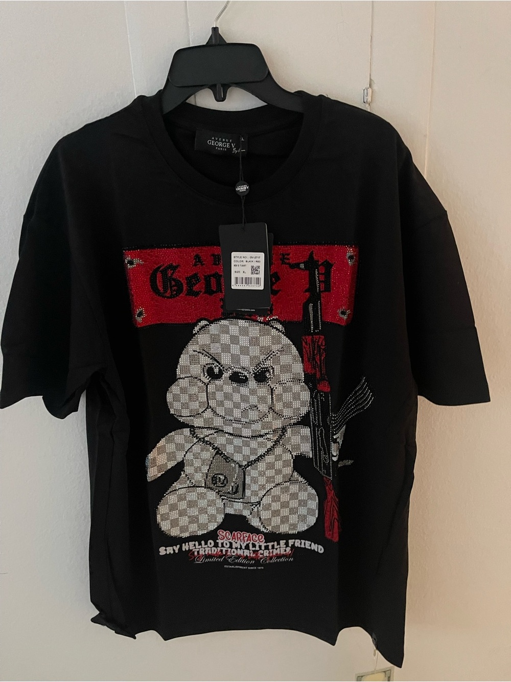 Avenue George V Paris T-Shirt Men's Black Short Sleeve Rhinestone Teddy Bear XL